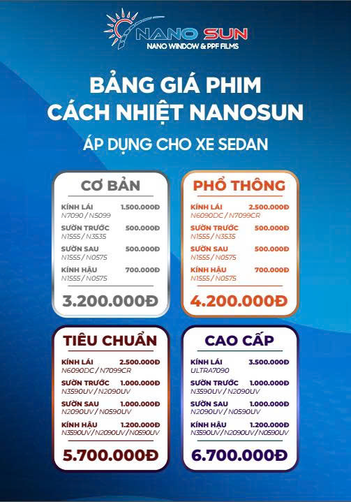 Bảng giá phim cách nhiệt Nano Sun áp dụng cho xe sedan