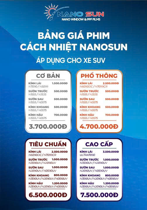 Bảng giá phim cách nhiệt Nano Sun áp dụng cho xe SUV