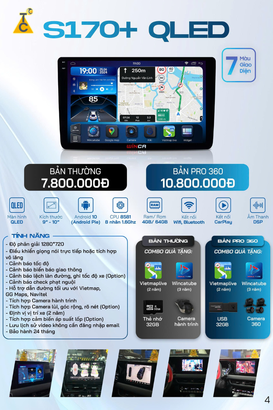 bảng thông số và giá màn hình Android Teraco Winca S170+ lắp xe Tera-V8